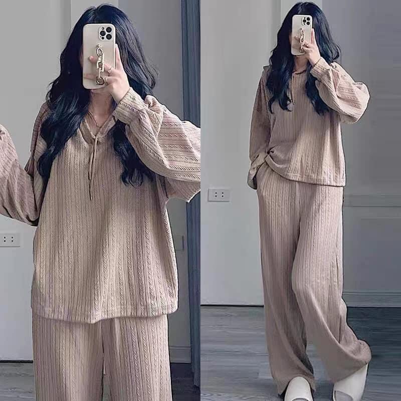 Set bộ quần áo dài nữ uống suông chất len tăm vân lá năng động - Đủ màu đủ size