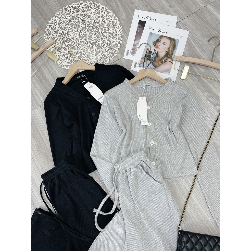 Set bộ croptop nữ thun gân mix quần ống rộng nữ cổ V đồ bộ nữ thể thao