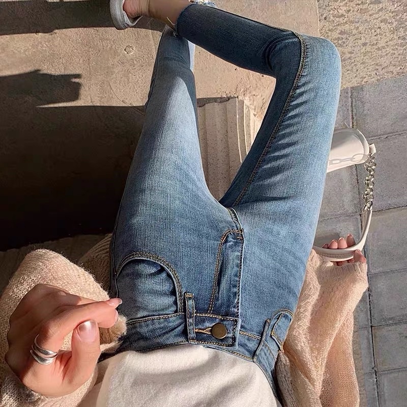 Quần jean ôm nữ màu xanh đá bụi, quần bò nữ was lưng cao quảng châu hack chân