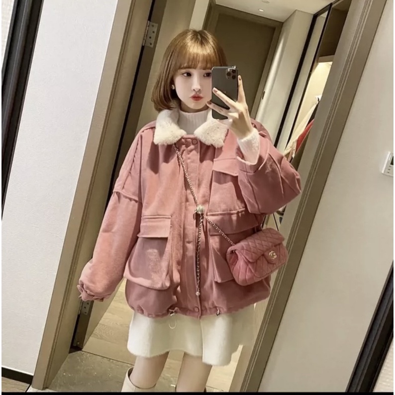 Áo Khoác Kaki 2 Lớp Túi Hộp Lót Lông  🌱 Áo Đại Hàn Nữ Dáng Rộng Dây Rút 3 Màu 🌱