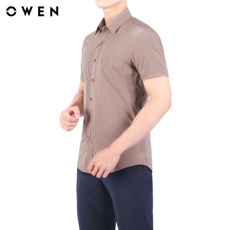 Áo sơ mi ngắn tay nam Owen Bamboo Regular Fit màu Be dobby nâu đậm - AR23525N