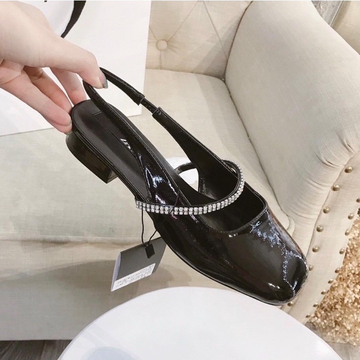 Giày búp bê nữ quai ngang đá mũi vuông da bóng đế cao 3 phân