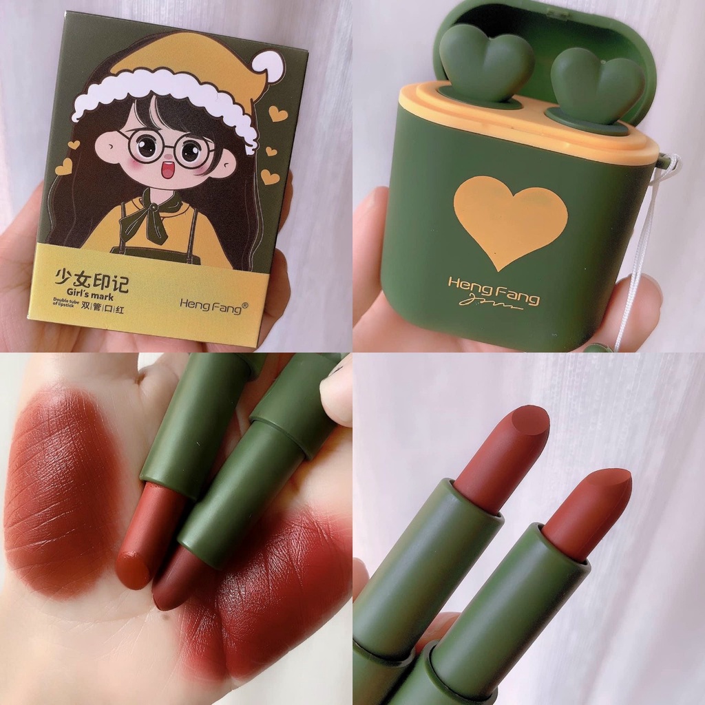 Son môi Mansly thiết kế vỏ hình hộp sạc tai nghe in họa tiết trái tim xinh xắn phong cách Vintage