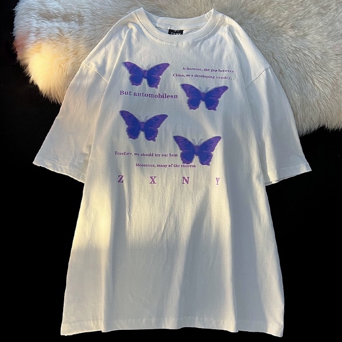 Áo thun ZHELIHANGFEI tay ngắn cổ tròn dáng rộng in hình bướm dễ phối đồ