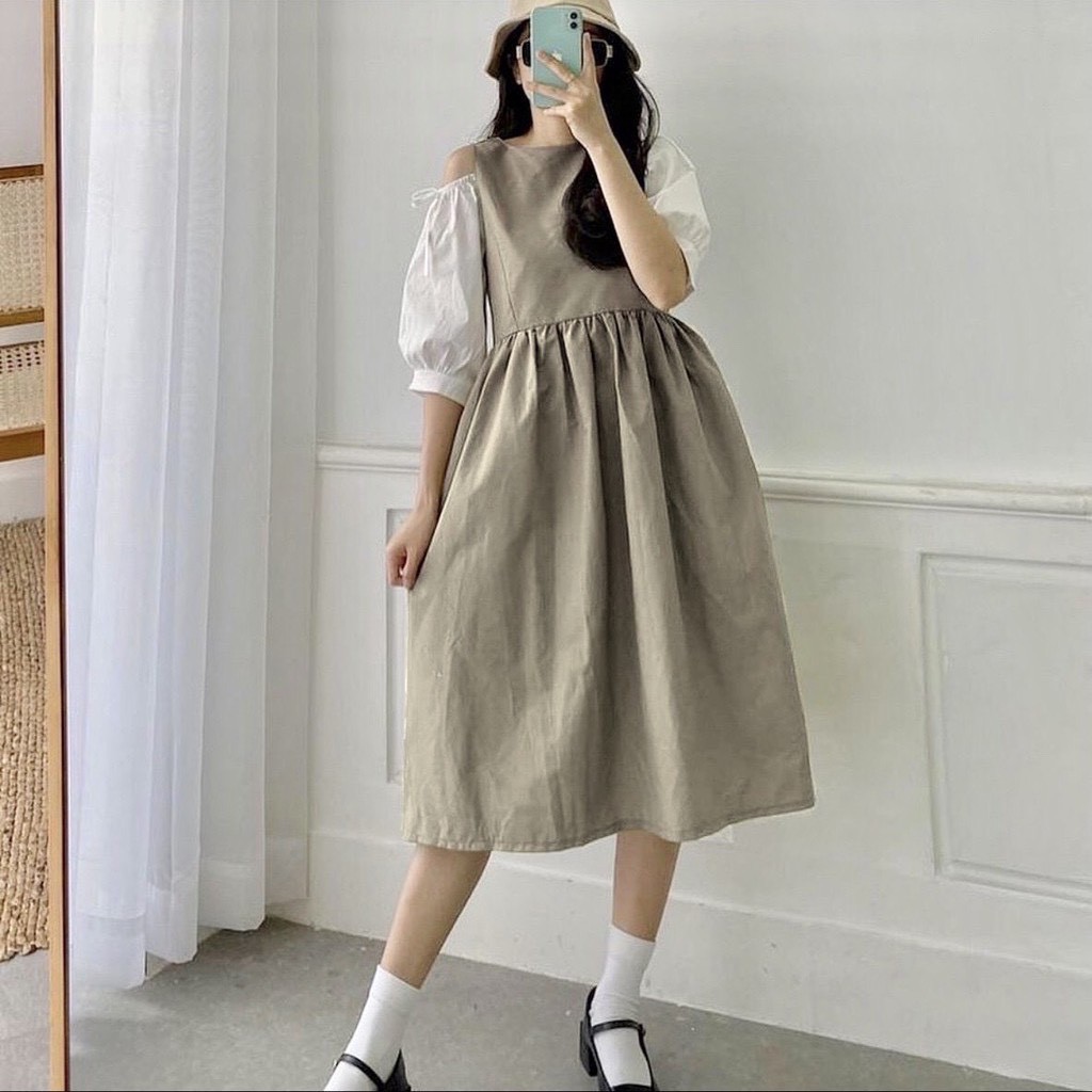 Váy Kaki Be Vintage Hở Vai Phối Trắng - Đầm Xòe Phong Cách Tiểu Thư Hàn Quốc MÀu Be Trắng Tay Lỡ HARIQUEEN