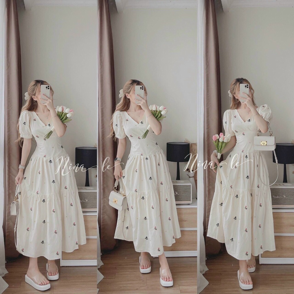 [9.9 Sales Freeship] Đầm maxi nữ ôm eo dáng dài, đầm trắng tiểu thư in hoa cổ v tay phồng cột dây sau lưng xinh xắn