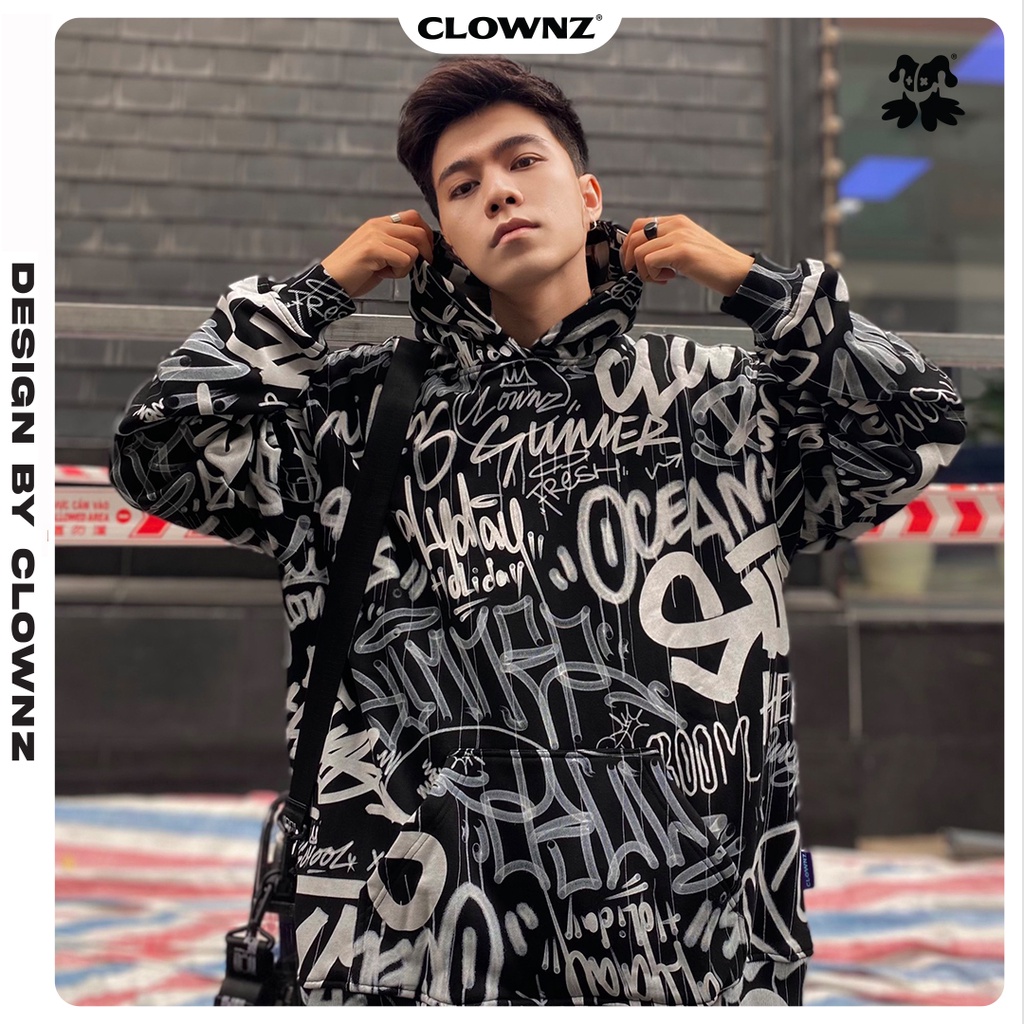 Áo khoác hoodie unisex Clownz Graffiti Over Print vải nỉ bông, form rộng unisex | BigBuy360 - bigbuy360.vn