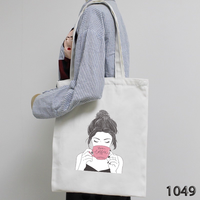 Túi Tote Vải Canvas Trắng Kích Cỡ Lớn Có Khóa Miệng 1049 Họa Tiết Love Coffee Thời Trang Hàn Quốc Cực Xinh