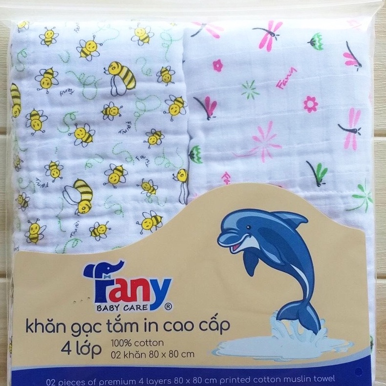 Khăn Tắm Cho Bé Vải Màn, Khăn Quấn Vải Xô 4 Lớp In Hình Họa Tiết Hiệu Fany (80x80cm)
