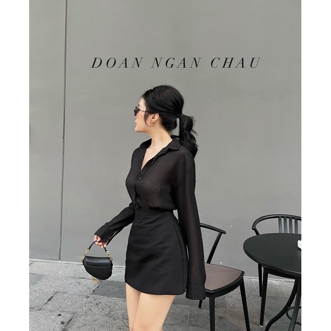 Set áo sơ mi đốm tay dài + chân váy đen
