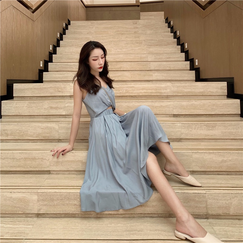 IELGYÁo Đầm Lửng Không Tay Cổ Chữ V Màu Trơn Có Khóa Kéo Thời Trang Cho Nữ