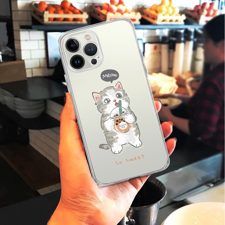 Vỏ ốp iPhone TPU dẻo trong suốt Mèo Uống Trà Sữa cho iPhone 6plus đến 13 pro max - Chinchincase