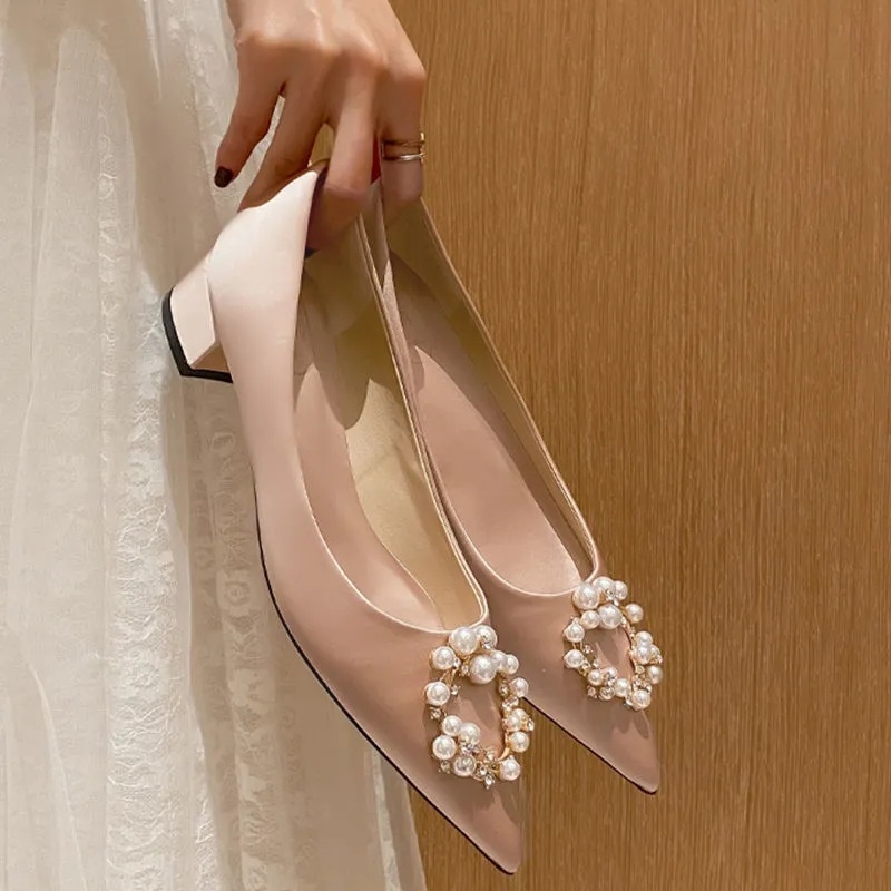 Size 34-42 Giày satin cao gót 3cm mũi nhọn dành cho nữ, giày cô dâu cưới