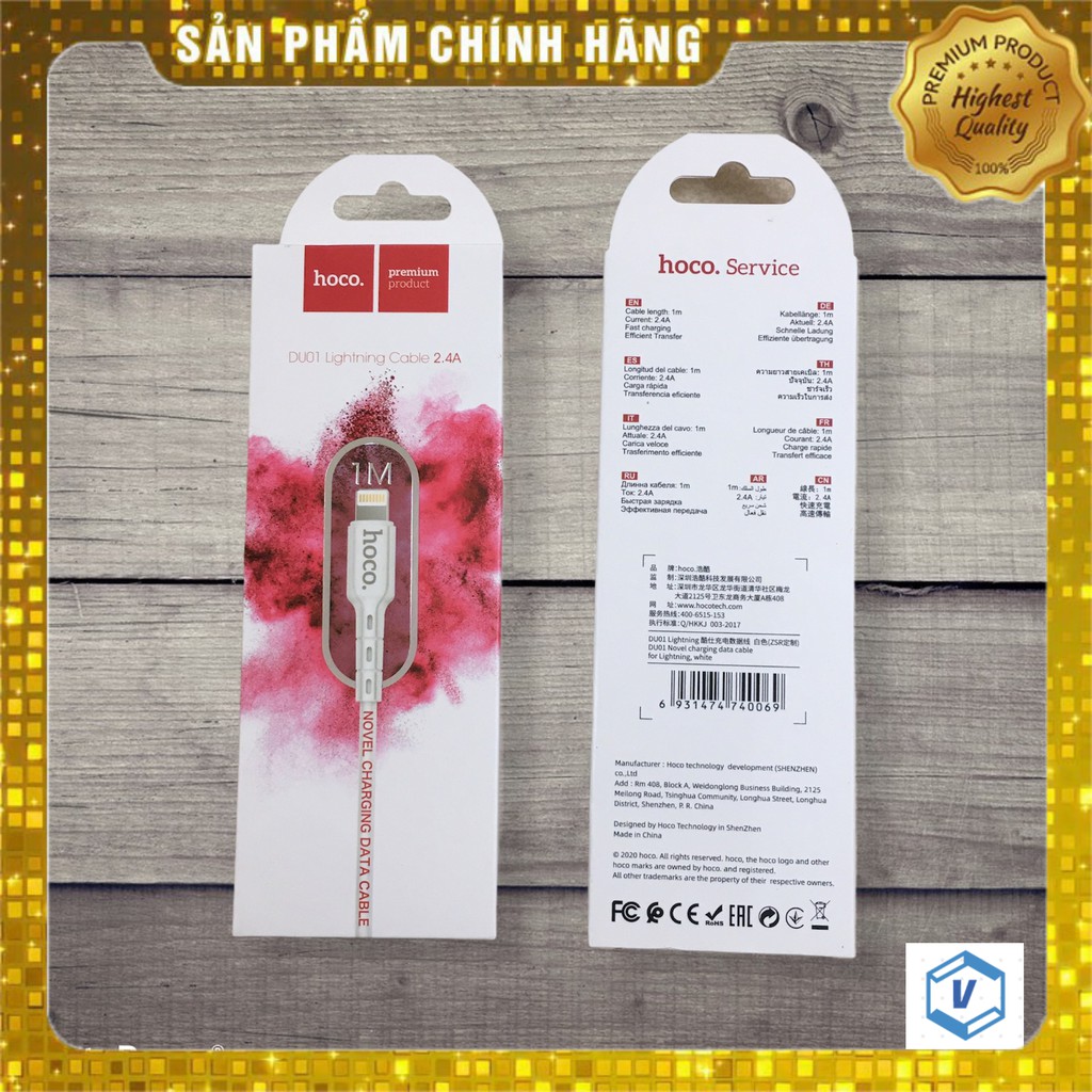 Dây cáp sạc iphone hoco du01 chân type-c/Light/Micro usb - dài 1m - dây sạc iphone bảo hành 6 tháng [ FULL BOX ]