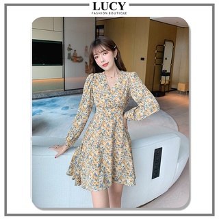 Váy Hoa Nhí V47, Thiết Kế Dáng Cổ Chữ V Dài Tay Phong Cách Vintage Hàn Quốc