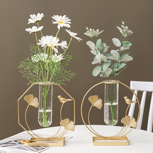 Lọ hoa nghệ thuật điểm xuyết lá và chim, trồng cây thủy sinh, mạ vàng sang trọng, decor phòng khách, phòng ngủ