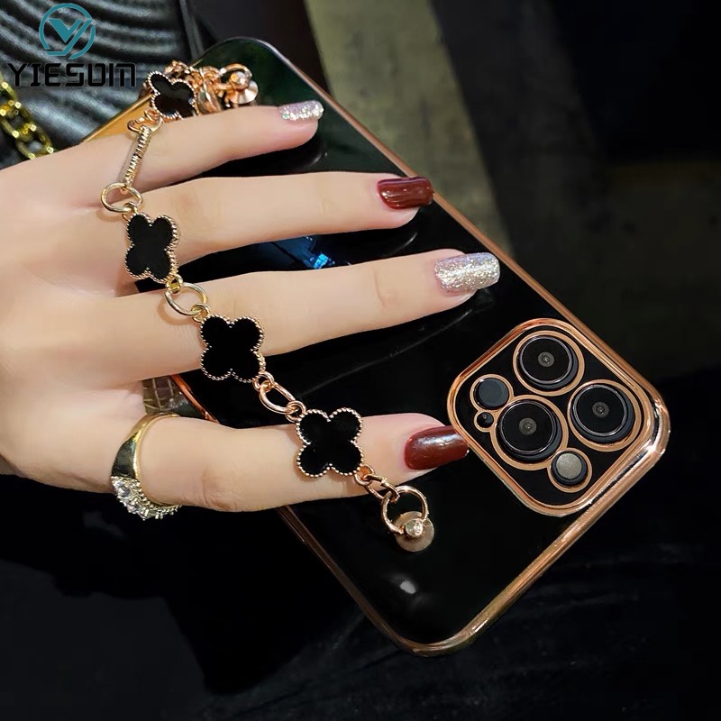 Ốp Điện Thoại Silicon Mềm Họa Tiết Lá May Mắn Có Dây Đeo Tay Cho iPhone 13 12 11 Pro Max