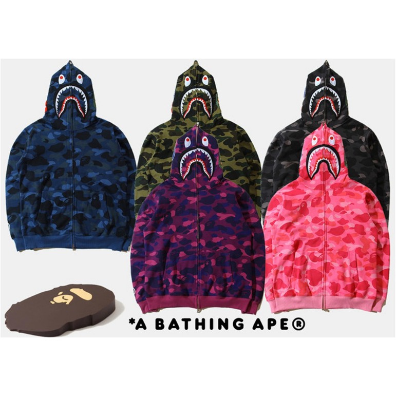 BAPE Áo khoác có mũ trùm đầu thông thường của nam và nữ cá mập ngụy trang mới