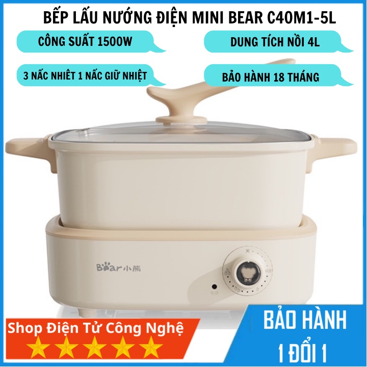 Nồi bếp lẩu nướng Bear C40M1-5L, công suất 1500w, dung tích 4l, 4 nấc nhiệt, bảo hành 18 tháng