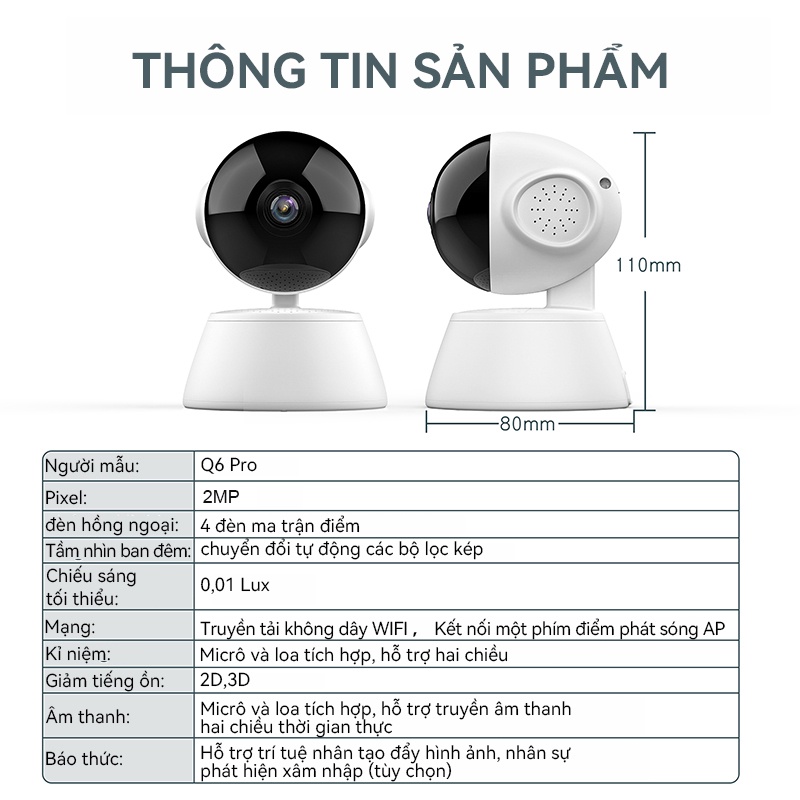 Camera an ninh thông minh V380 Q6 Pro 2MP CCTV nối wifi có tầm nhìn ban đêm chuyên dụng