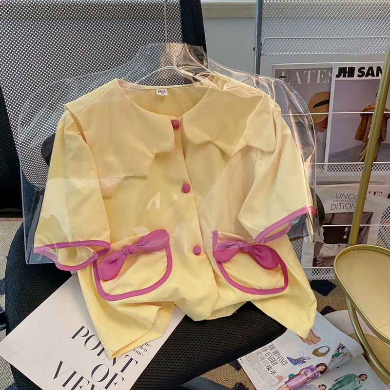 Áo Sơ Mi Tay Ngắn Phồng Ngắn Cổ Búp Bê Đính Nơ Kiểu Nhật Bản Dễ Thương Cho Nữ