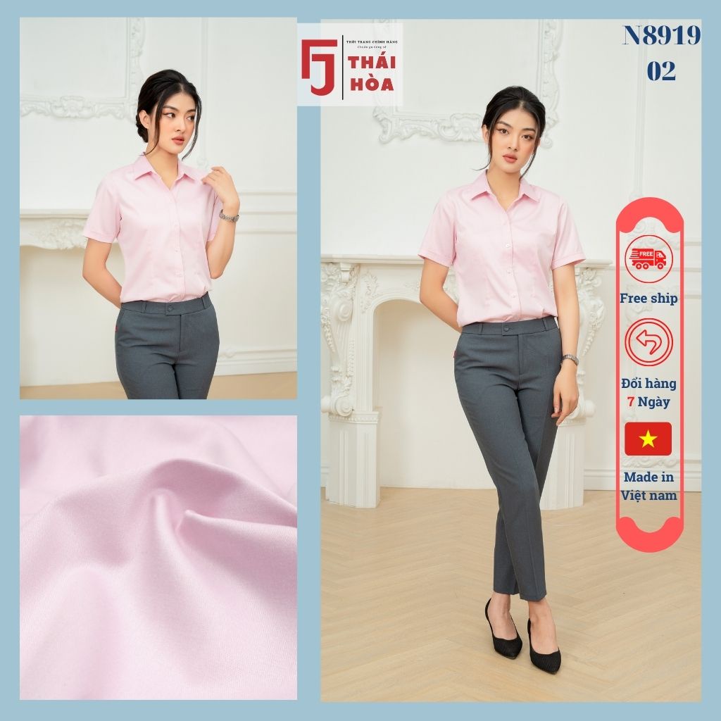 Áo sơ mi nữ cao cấp tay ngắn kiểu công sở màu hồng bigsize sợi tre Thái Hoà N8919-02-01