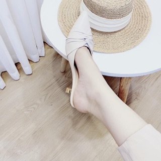 Guốc mũi nhọn da mềm nơ gút gót vàng 5p