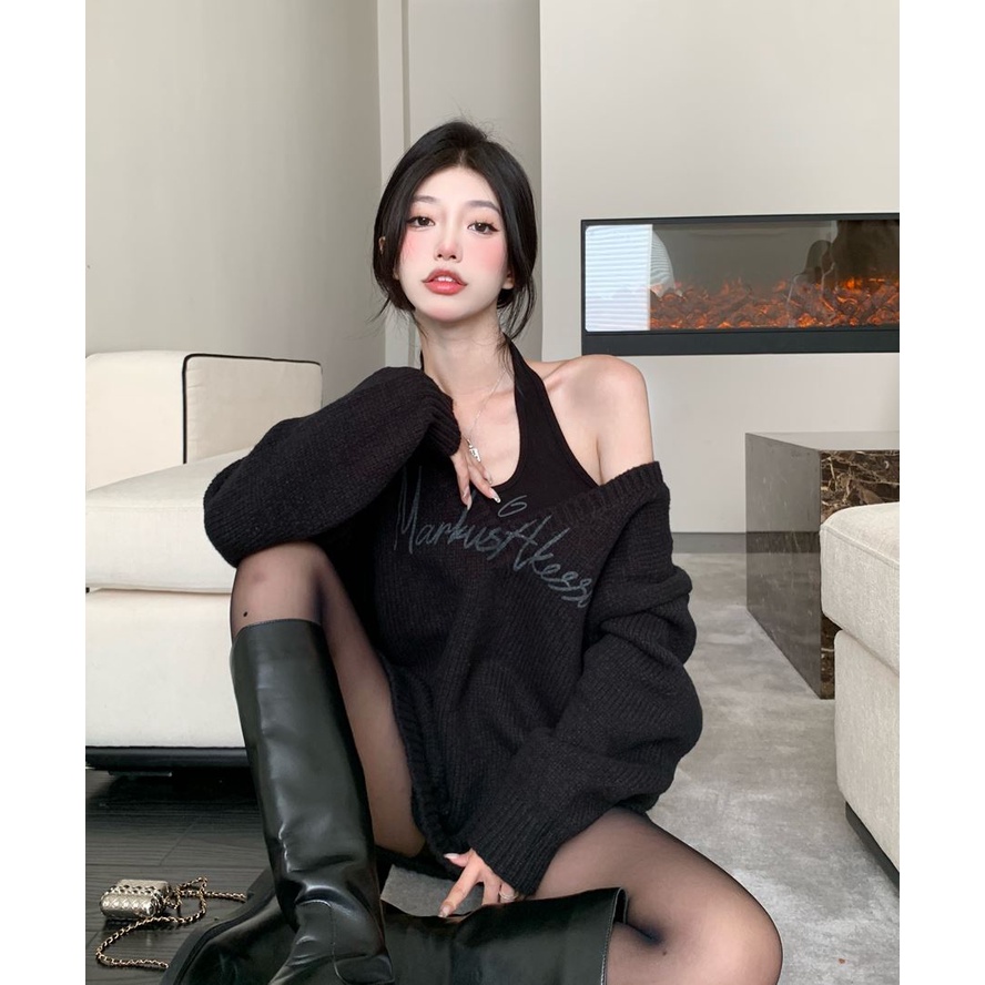 UIOWOO  Bộ Áo Sweater Dài Tay Dáng Rộng + Áo In Chữ Xinh Xắn Dành Cho Nữ