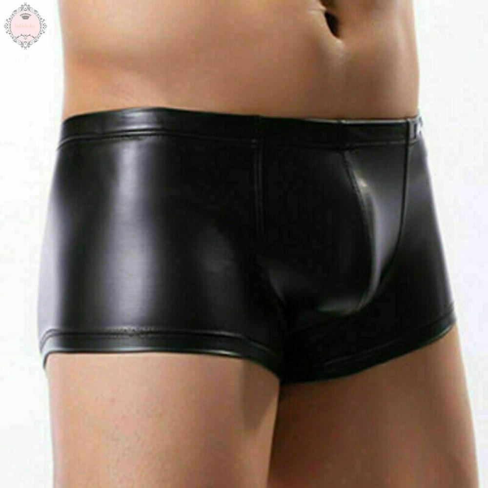 Quần lót boxer chất liệu da bóng màu đen trơn gợi cảm 2021
