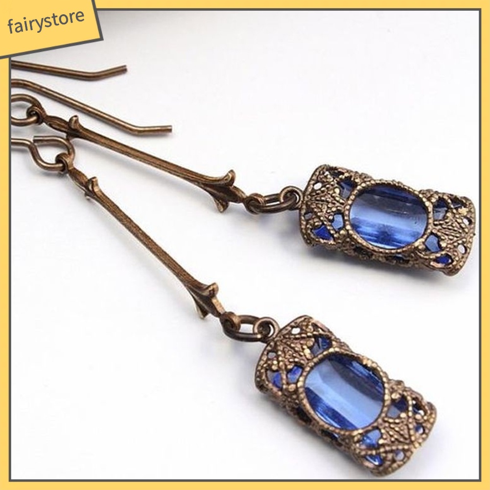 Hoa tai dạng móc thả nạm khắc đính đá quý giả cổ điển