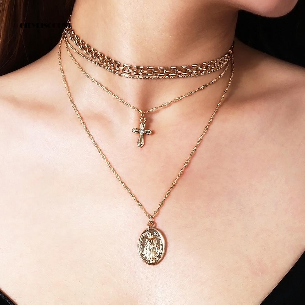 Vòng cổ choker nhiều lớp mặt phụ kiện Công giáo cổ điển