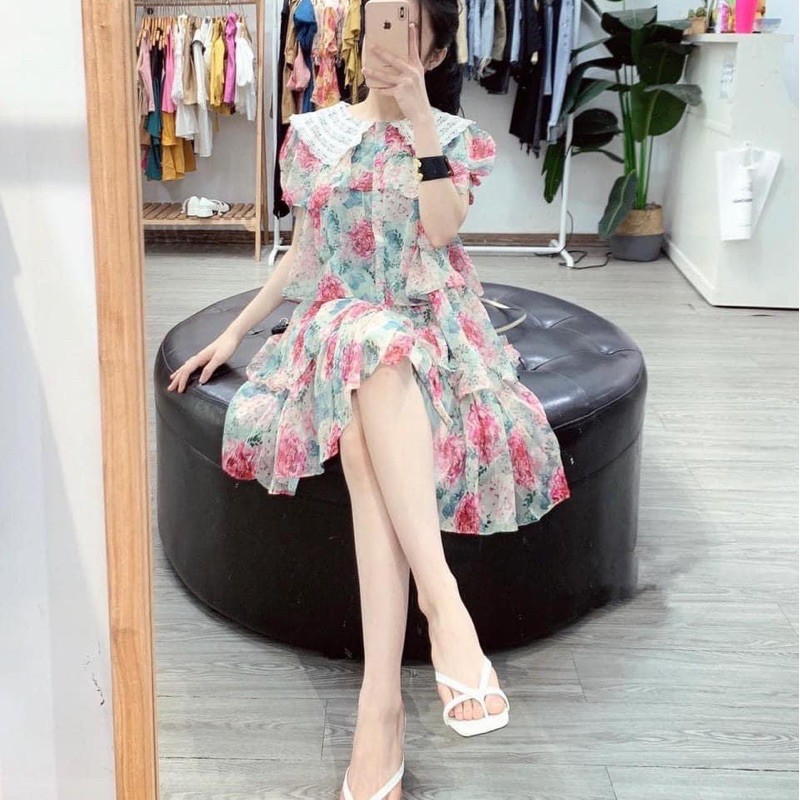 [Hàng Chuẩn] Váy Hoa Babydoll Tầng Cổ Ren 2 Màu Sang Chảnh Có Ảnh Thật Kèm Video | BigBuy360 - bigbuy360.vn