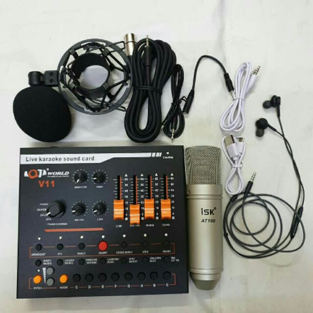 Combo bộ hát livestream thu âm mic ISK AT-100 + SOUND CARD AQTA V11 đời 2019