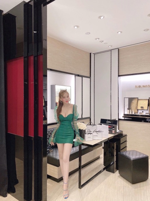 Váy body dài tay tay bồng lưới , cup ngực đỏ xanh đen