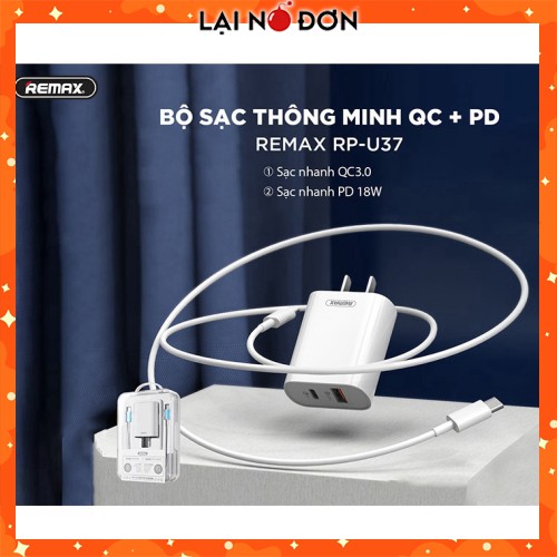 Củ kèm cáp sạc nhanh Remax RP-U37 QC3.0+PD 2 cổng sạc: USB và Type C ( HÀNG CHÍNH HÃNG )