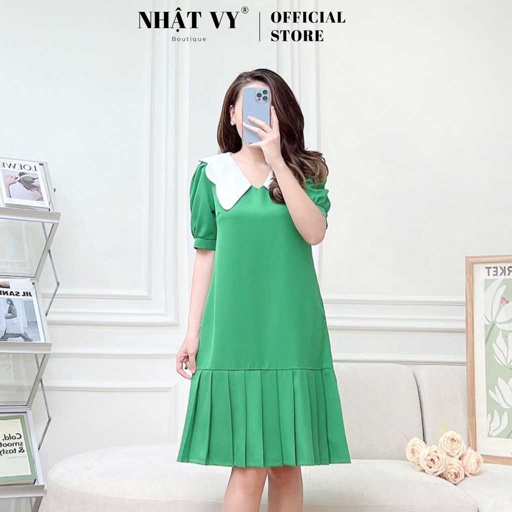 Đầm suông đuôi cá xếp ly Nhật Vy tay phồng cổ V phối bèo chất cotton phù hợp công sở đi chơi nhẹ nhàng - D2500