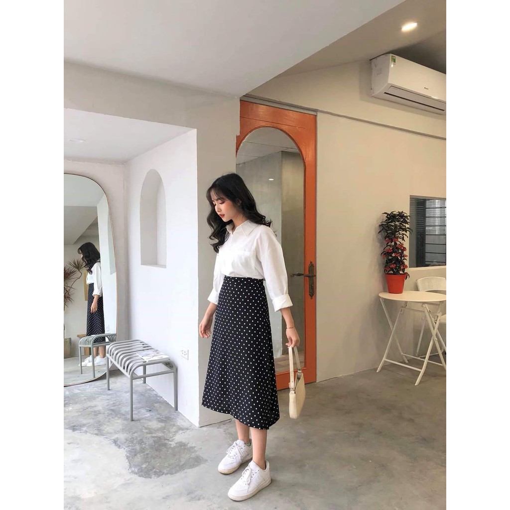 CHÂN VÁY CHẤM BI VINTAGE ĐEN TRĂNG ULZZANG