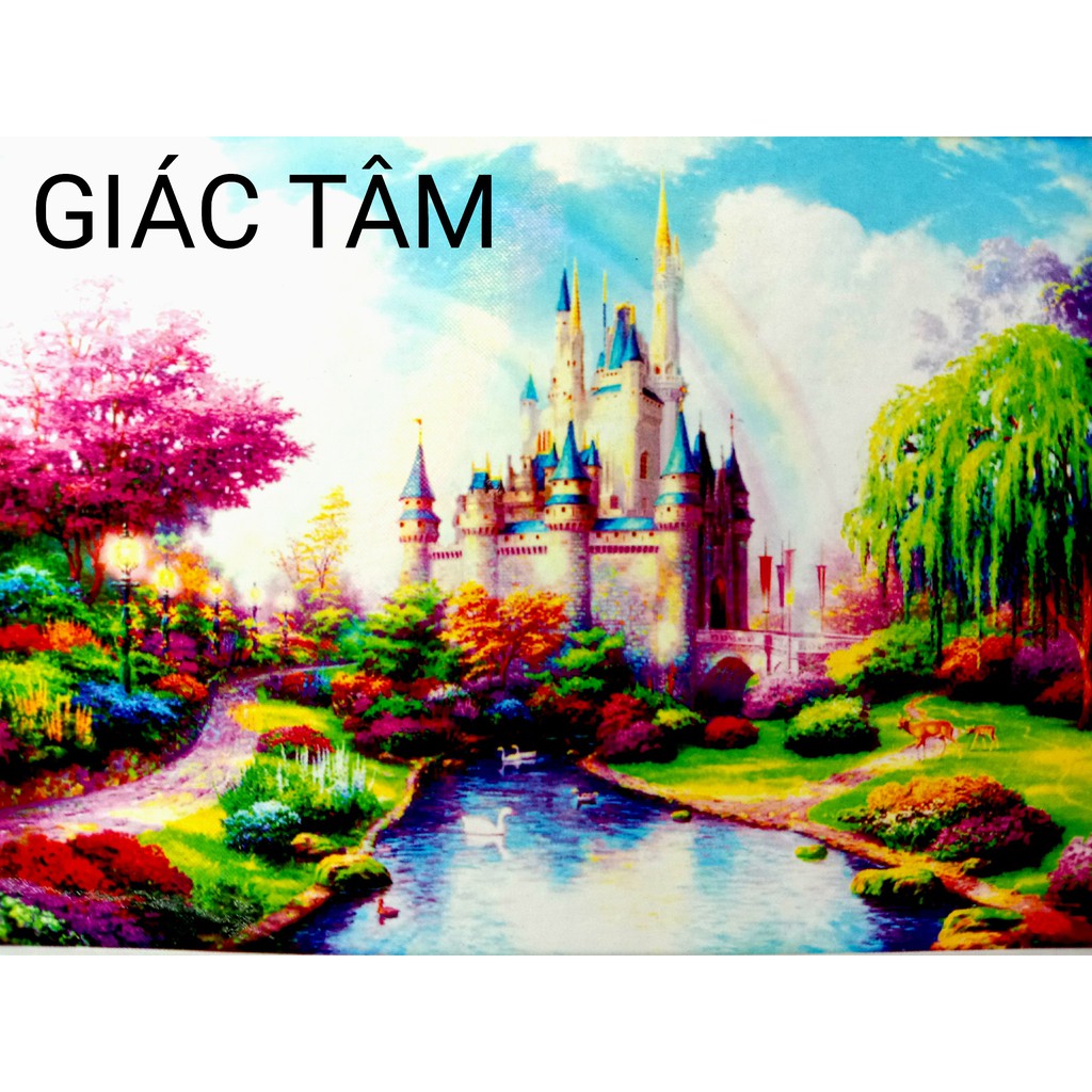 Tranh đá CẢNH LÂU ĐÀI CẦU VÒNG RỪNG CÂY CỎ DÒNG SÔNG THIÊN NGA - 80x60cm - DF2117 - tranh đá chưa làm - chưa gắn đá - ch