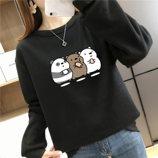Hàng Mới Về Dài Tay Cổ Chữ O Cổ Điển Ba Gấu In Áo Sơ Mi Nữ Thoải Mái Có Mũ Trùm Đầu