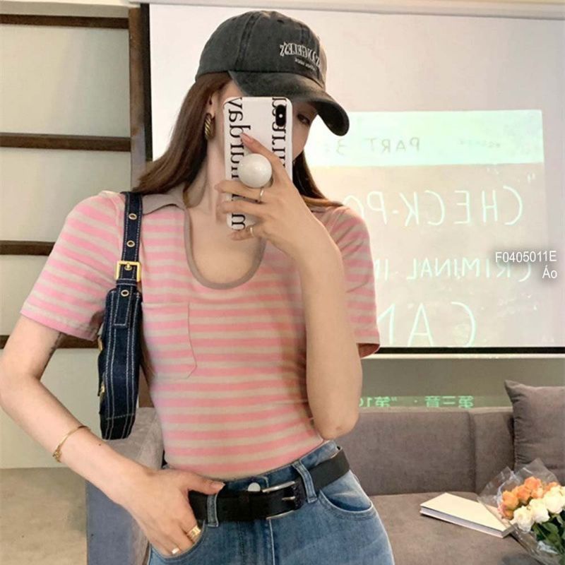 Áo len sọc cổ bẻ xẻ U một túi tay ngắn hàng Quảng Châu 0405