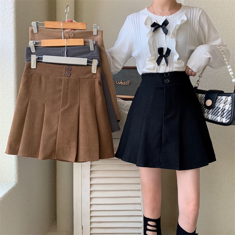 Chân váy xếp ly lưng cao dáng chữ A màu sắc retro thời trang thu đông cho nữ