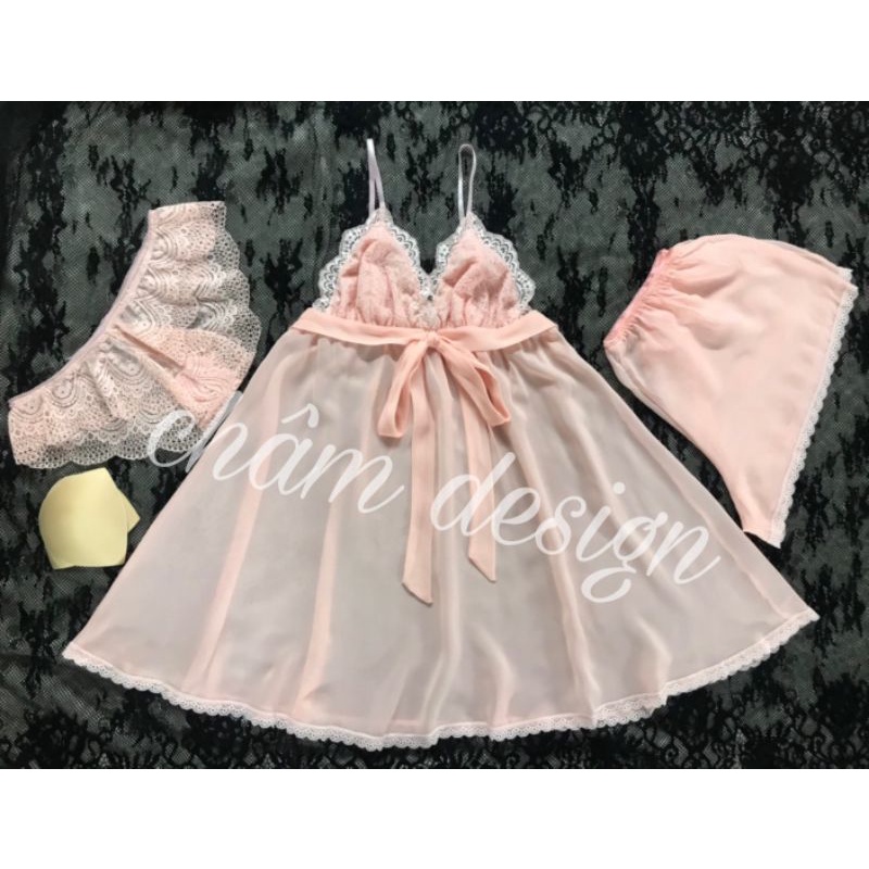 váy ngủ chất tơ mềm hồng lòng tôm buộc nơ hàng thiết kế chuẩn❤️