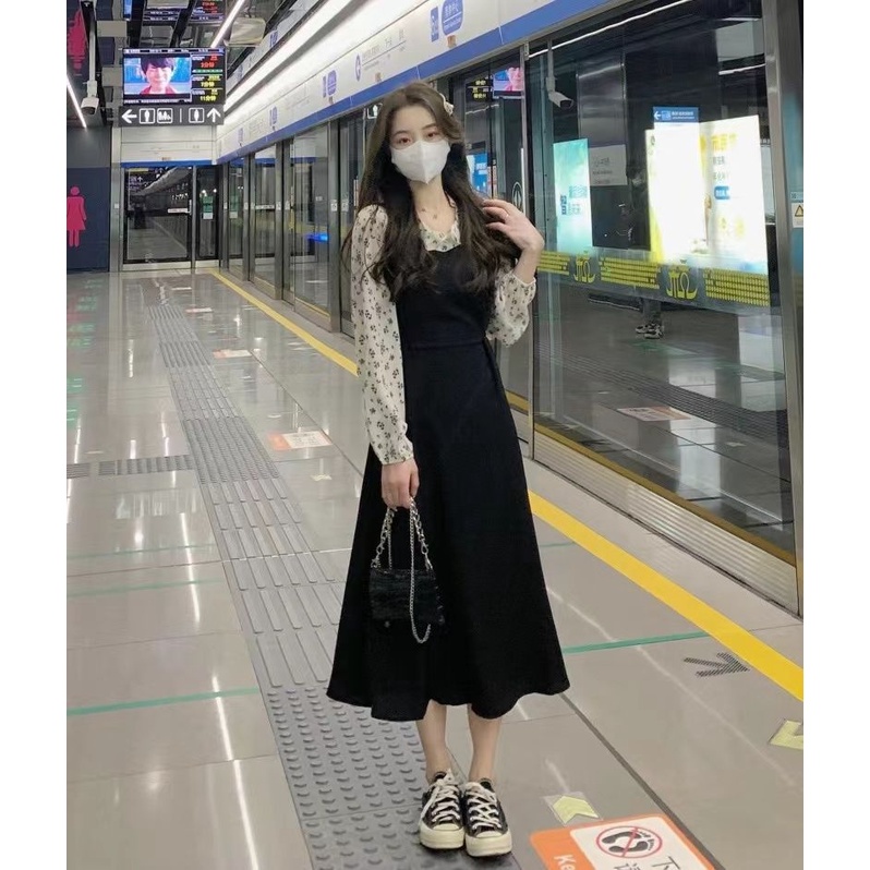 Đầm Giả Hai Mảnh Họa Tiết Hoa Phong Cách Pháp Thanh Lịch Thiết Kế Mới Cho Nữ