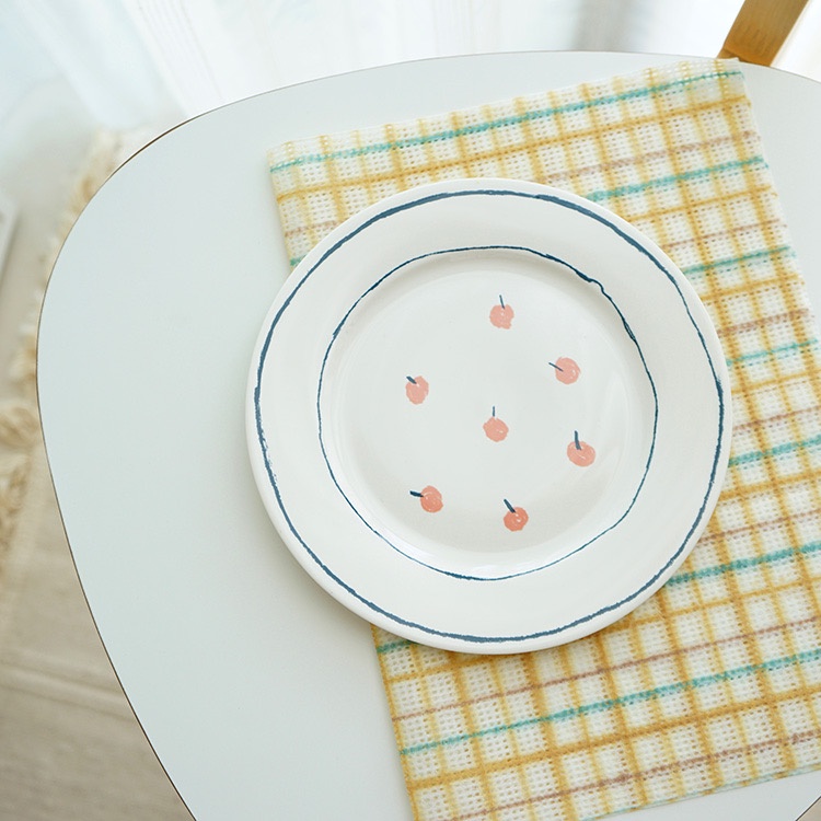 Đĩa sứ viền xanh cherry hồng cao cấp xinh xắn