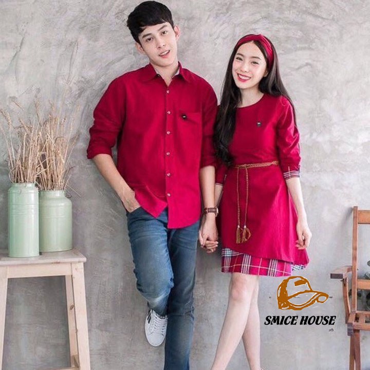SET CẶP NAM NỮ ÁO SƠ MI VÀ ĐẦM XÒE CỘT NƠ EO, ÁO ĐÔI