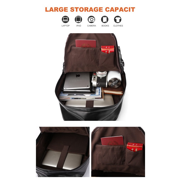 Ba lô da nam ba lô đựng máy tính xách tay 15 inch màu đen chống nước phù hợp mọi kiểu thời trang đơn giản