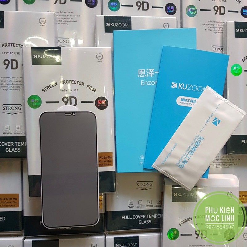 Chống nhìn trộm + Chống bám vân tay - 13 Pro max | 12 | 11 | Xs max | Xr | X Chính hãng Kuzoom cho iP Kính 9D full
