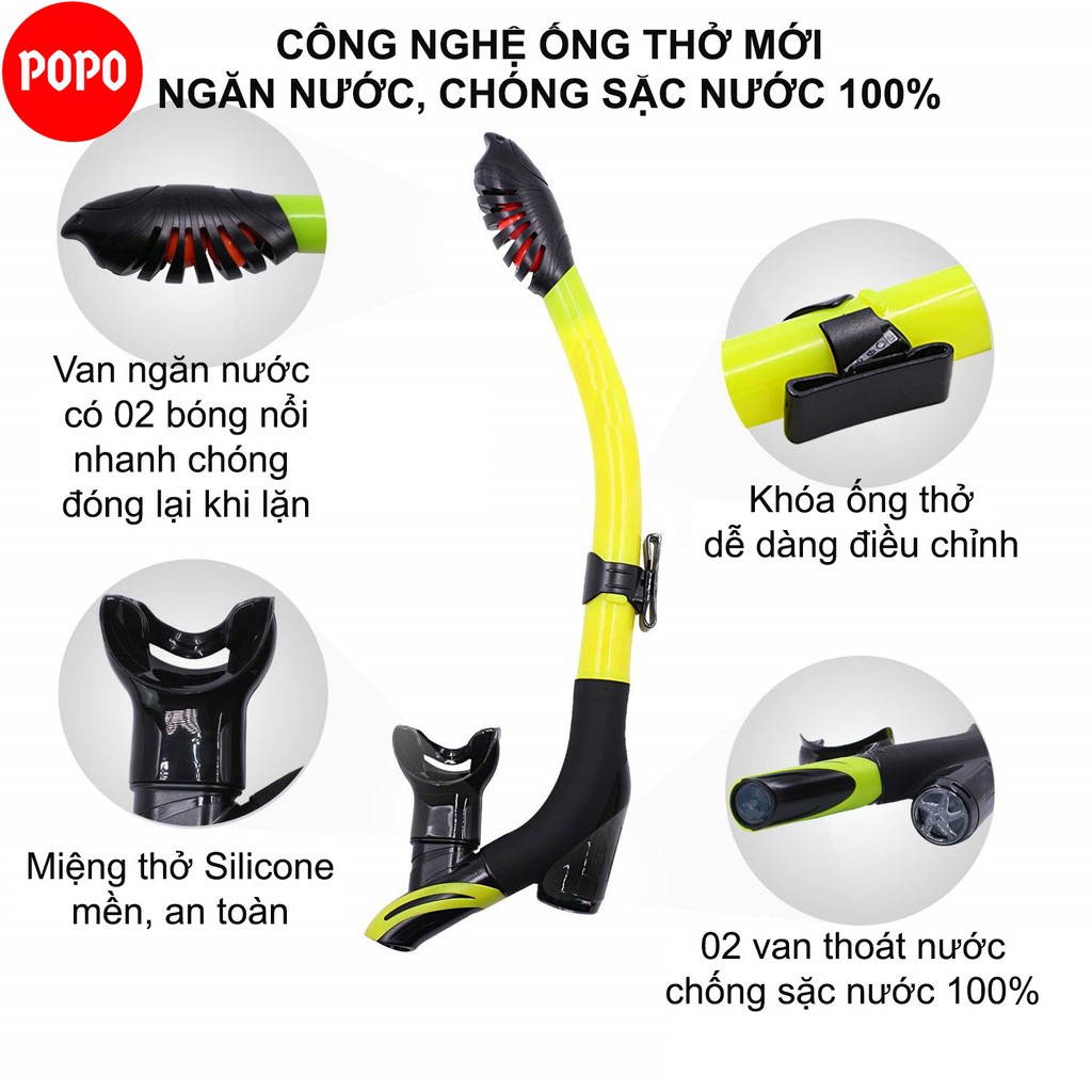 Ống thở lặn biển POPO Tube-Tuo với 2 van chống sặc ngăn nước 100%