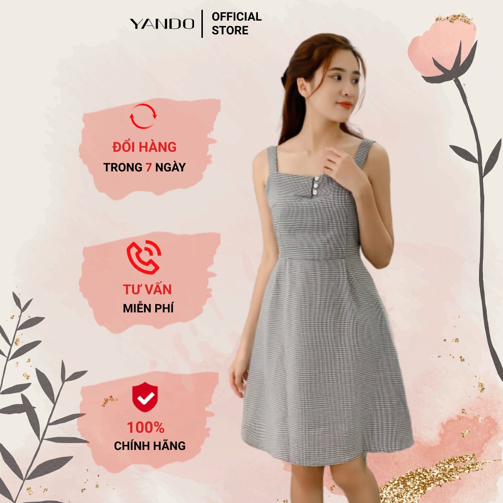 Đầm nữ 2 dây caro nhí Yando DA03 Phối Nút Siêu Xinh