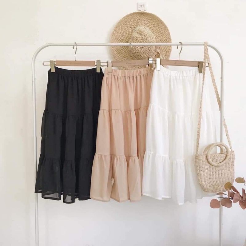 CHÂN VÁY MIDI 3 TẦNG XÒE 2 LỚP VẢI SIÊU CÁT MỊN (Ảnh thật shop chụp & clip cận chất vải)